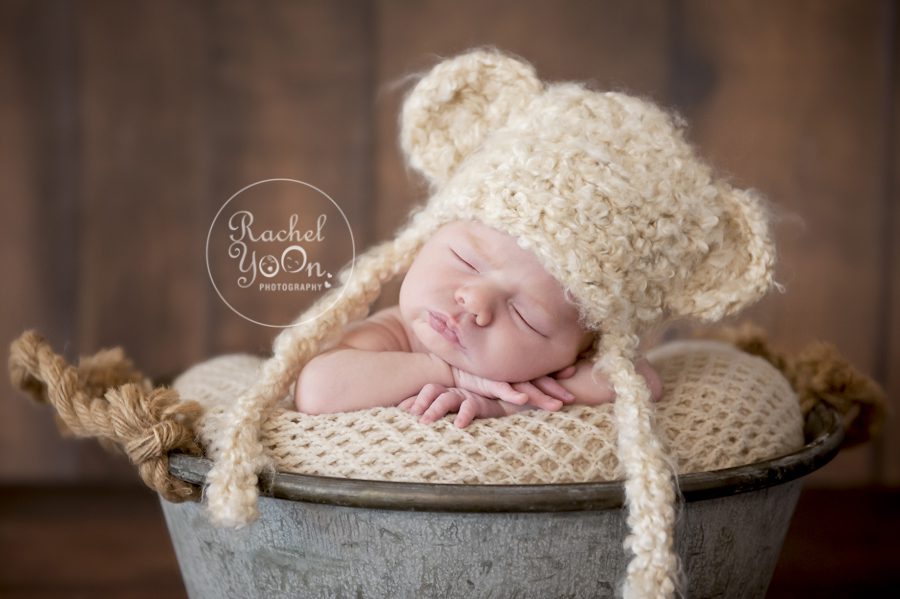 newborn baby with a bear hat in a metal bucket - Newborn Photography Vancouver