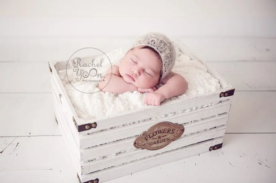 newborn baby girl in a white garden basket - newborn photography vancouver