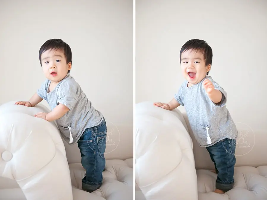 1 year old baby boy standing on a couch - baby photography vancouver