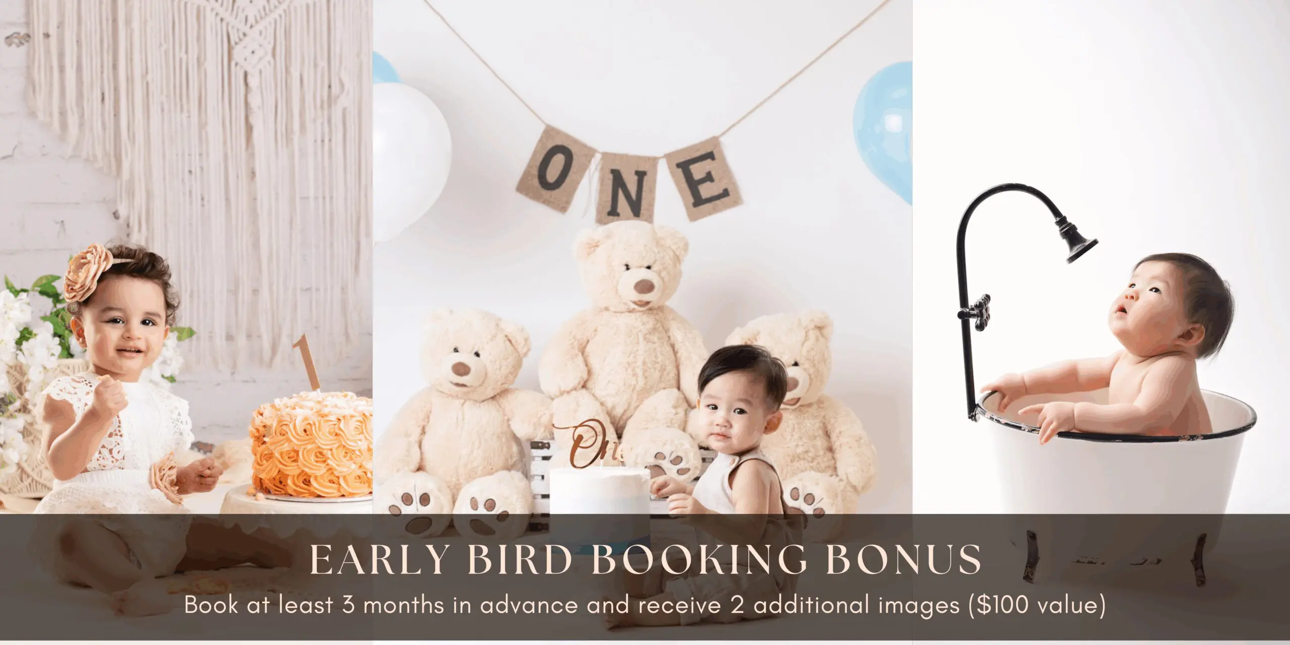 early bird booking bonus - book 3 months in advance and receive 2 additional images ($100 value)