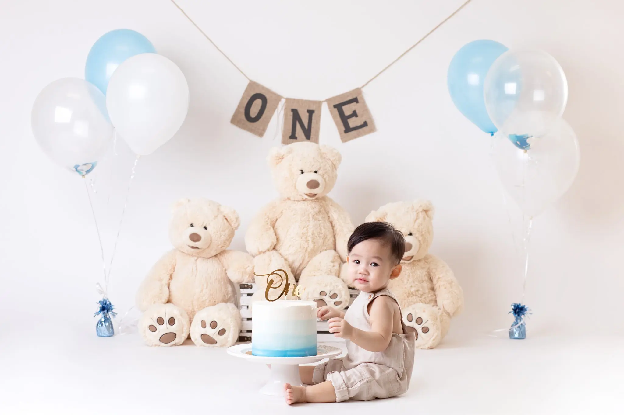 bear themed cake smash with touch of blue