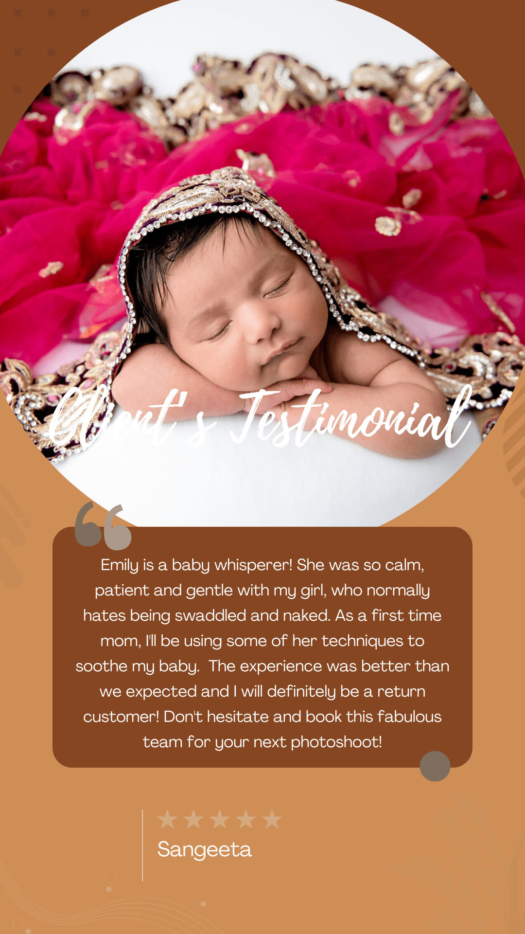 Visited the studio today for my daughter's newborn shots and we were not disappointed! Emily is a baby whisperer! She was so calm, patient and gentle with my girl, who normally hates being swaddled and naked. As a first time mom, I'll be using some of her techniques to soothe my baby. The studio is such a warm and calming environment which put us all at ease. Not to mention, their pricing is fair and more than reasonable. The experience was better than we expected and I will definitely be a return customer! Don't hesitate and book this fabulous team for your next photoshoot!