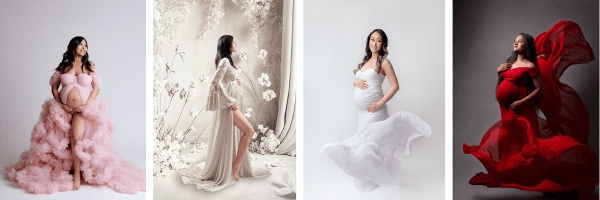 vancouver maternity photography - pink, sand, white, and red maternity gowns