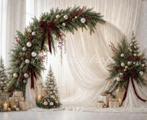 Christmas backdrop Circle Flower Arch White Drapes Gold Ornaments Gifts