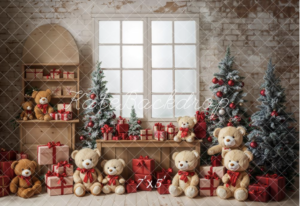 Christmas backdrop Teddy Bear White Framed Window Grey Brick Wall