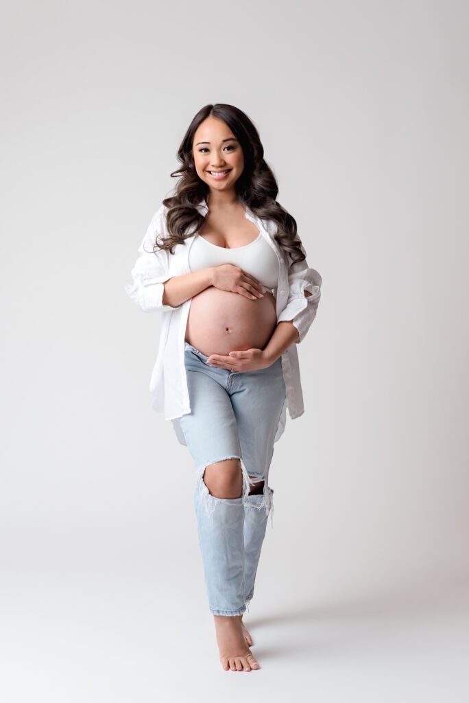 maternity photography - casual jeans and white shirt