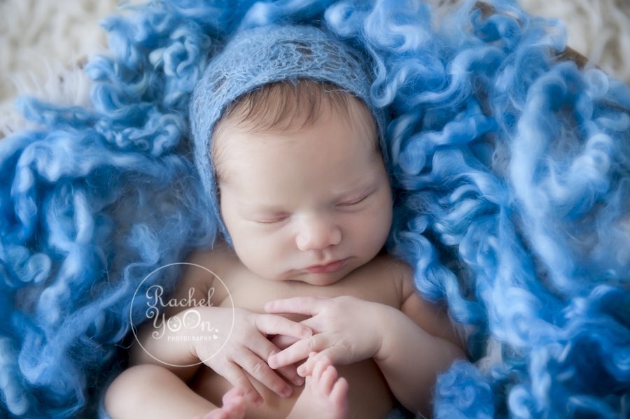 newborn baby boy in blue setup - newborn photography vancouver