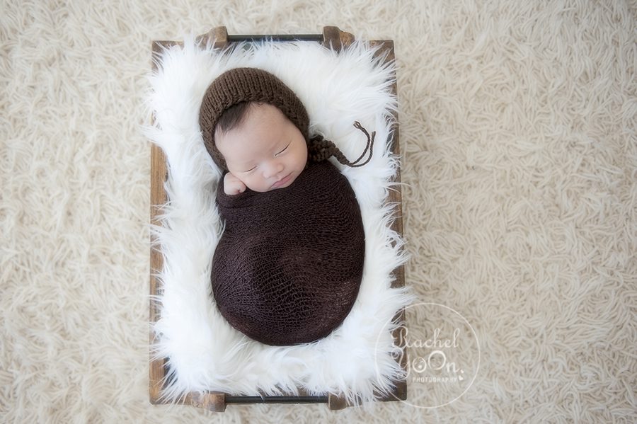 newborn baby boy in a wooden box - Vancouver Newborn Photographer