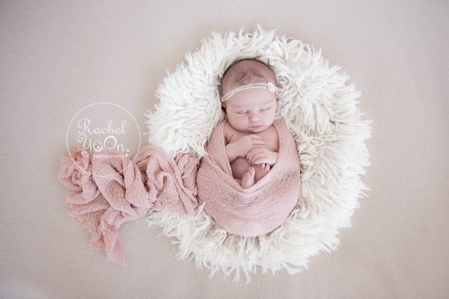 newborn baby girl wrapped in a pink blanket - Vancouver Newborn Photography