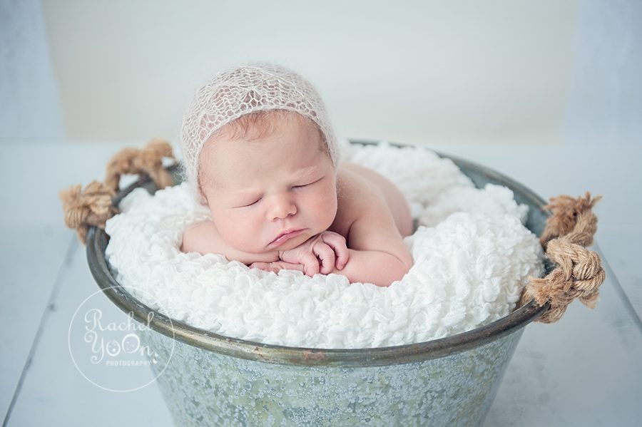 newborn baby girl in a bucket - newborn photography vancouver