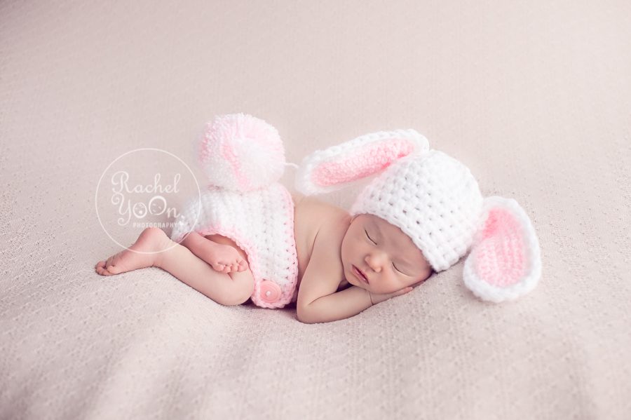 newborn baby girl in a bunny outfit- newborn photography vancouver