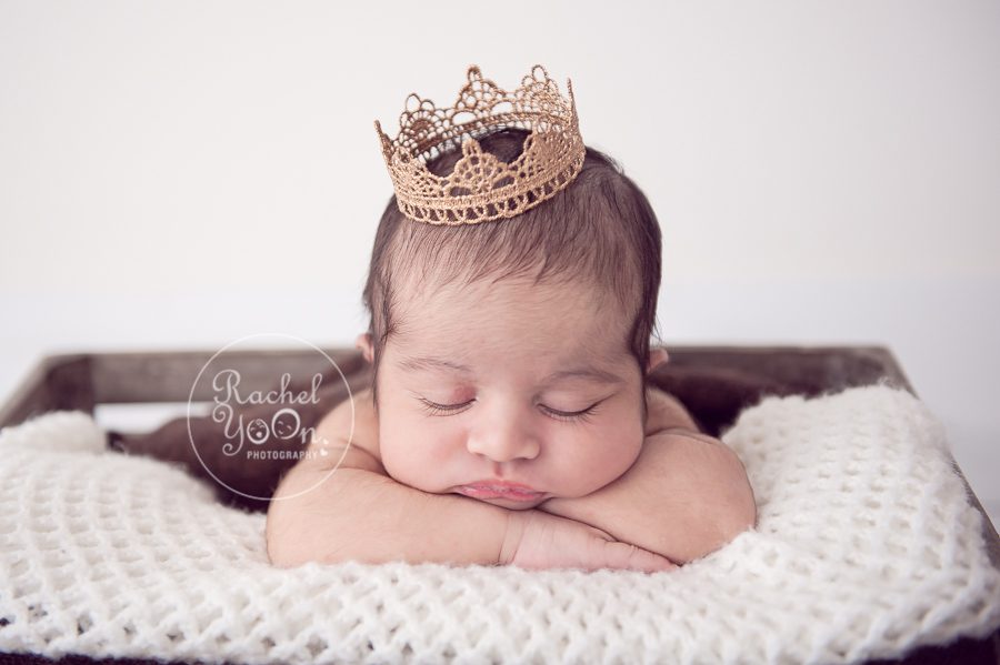 newborn baby girl with a crown in the garden basket - newborn photography vancouver