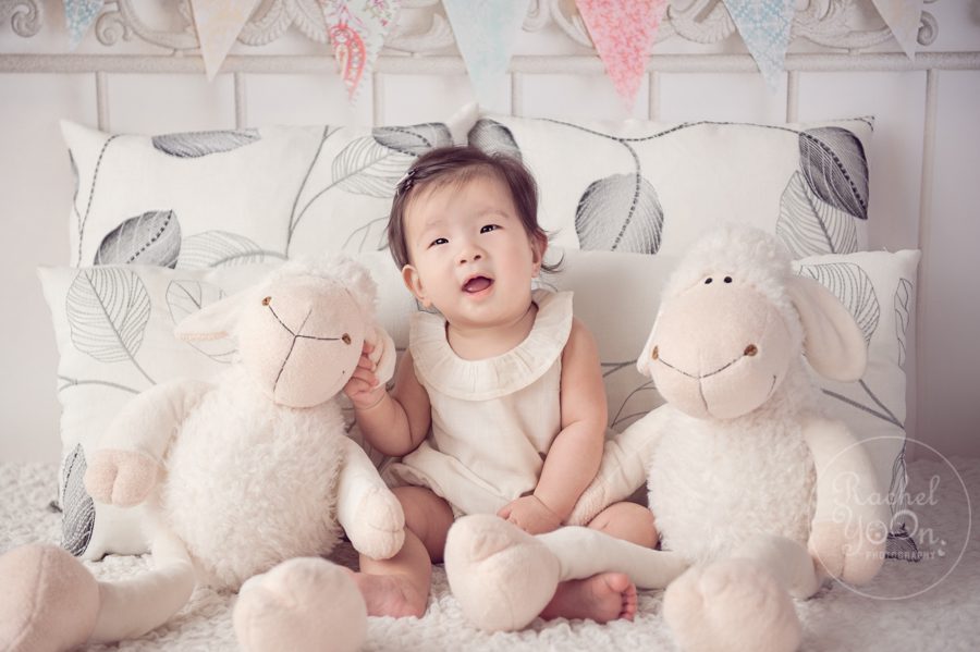 6 months old baby girl with lamb prop - baby photography vancouver