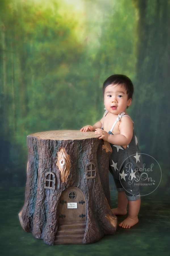 1 year old baby boy standing holding on a log - baby photography vancouver