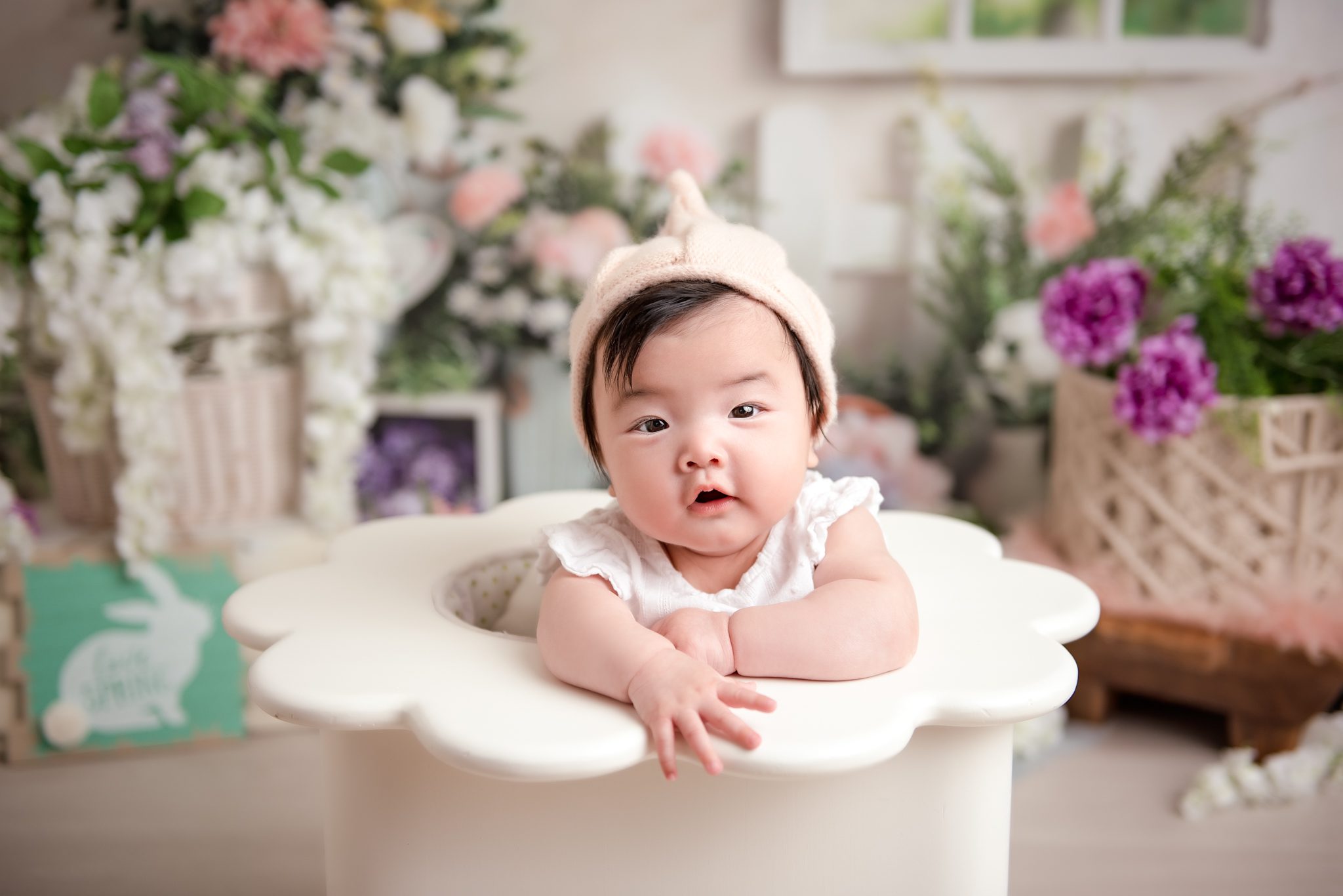 100 days old baby girl - flower backdrop