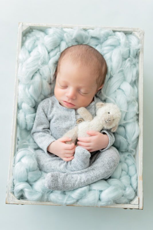 newborn boy in grey outfit holding a lamb stuffy
