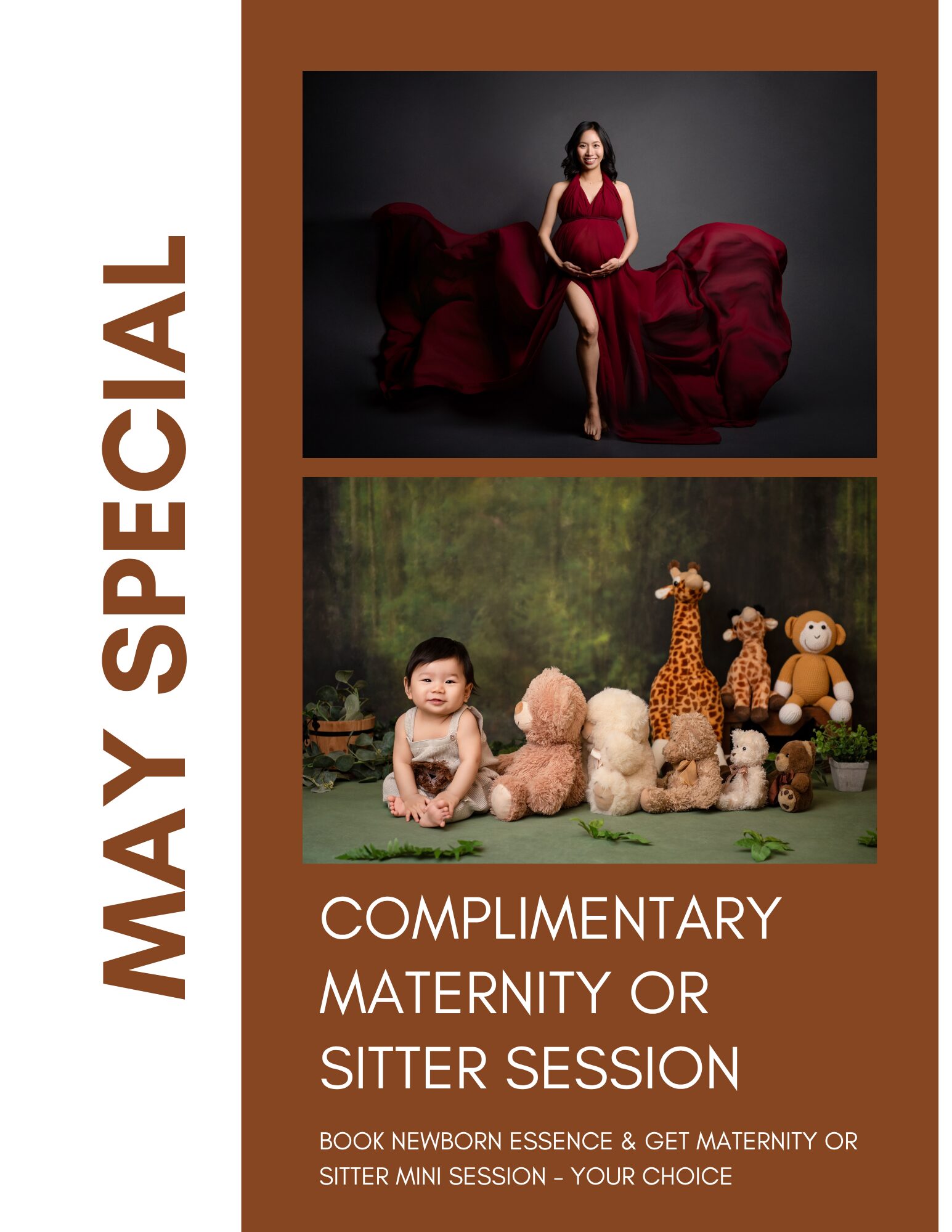 May Special - complimentary maternity or sitter session when you book a newborn essence session.